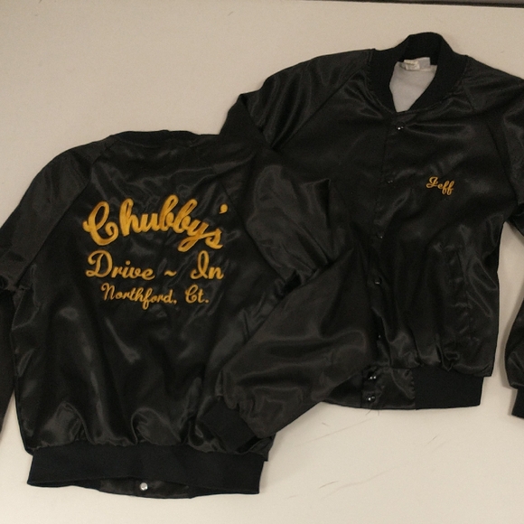 Satin Bomber Jacket Pair Happy Days 80s does 50s Chubby's Drive In Gold on Black - Picture 1 of 8